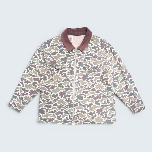 STOXX THRIFT & VINTAGE camo print chore jacket with a brown corduroy collar and zip-up front in size XL.