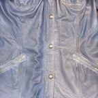 STOXX THRIFT & VINTAGE Danier blue leather long jacket with silver button closure and zippered pockets.