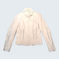 STOXX THRIFT & VINTAGE Danier cream leather jacket with cowl neck, ruched side detailing, and zippered cuffs.