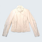 STOXX THRIFT & VINTAGE Danier cream leather jacket with cowl neck, ruched side detailing, and zippered cuffs.