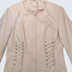 STOXX THRIFT & VINTAGE Danier cream leather jacket featuring a cowl neck and ruched sides with silver stud detailing.