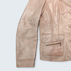 STOXX THRIFT & VINTAGE Danier beige leather blazer with button closure, front flap pockets, and zip detail in size 2XL