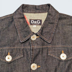 STOXX THRIFT & VINTAGE dark wash denim jacket by Dolce & Gabbana with branded buttons and size L label.