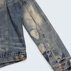 STOXX THRIFT & VINTAGE Ezra Fitch blue denim jacket with distressed sleeve detail and copper buttons.