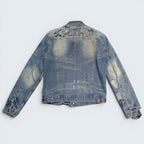 Vintage Ezra Fitch denim jacket from STOXX THRIFT & VINTAGE with distressed blue wash and back graphic detail.