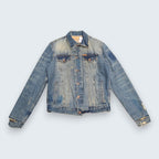 Vintage Ezra Fitch denim jacket from STOXX THRIFT & VINTAGE in blue cotton with distressed details and cuff rip.
