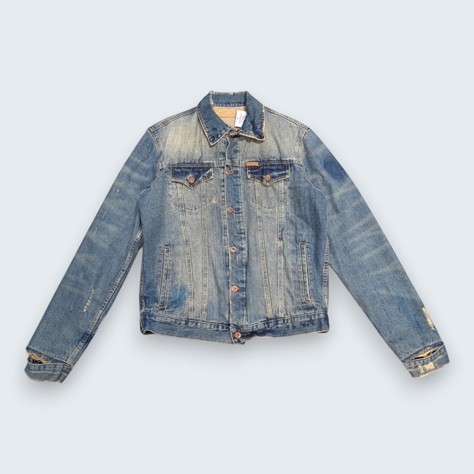 Vintage Ezra Fitch denim jacket from STOXX THRIFT & VINTAGE in blue cotton with distressed details and cuff rip.
