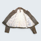STOXX THRIFT & VINTAGE GAP brown leather double breasted jacket with white pinstriped lining, size M.