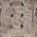 STOXX THRIFT & VINTAGE GAP taupe leather double breasted jacket with large buttons and front pockets.