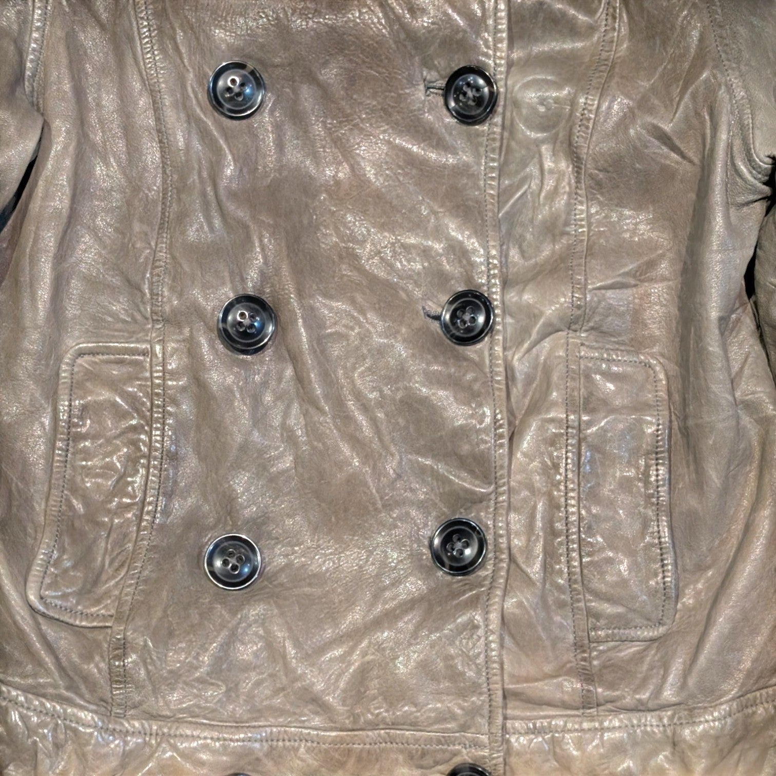 STOXX THRIFT & VINTAGE GAP taupe leather double breasted jacket with large buttons and front pockets.