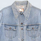STOXX THRIFT & VINTAGE light wash GWG denim jacket with button-front closure, chest pockets, and vintage collar.