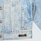 STOXX THRIFT & VINTAGE light wash Harley Davidson denim jacket with 03 patch detail and metal buttons.