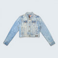 STOXX THRIFT & VINTAGE Harley Davidson light wash denim jacket with 03 patch, button-up front, and chest pockets.