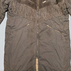 STOXX THRIFT & VINTAGE ICEBERG long brown coat featuring suede fringe detailing, zip pockets, and fur lining.