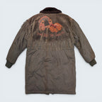 STOXX THRIFT & VINTAGE brown ICEBERG long coat with fringe, fur collar, and Love Has No Limits back embroidery.