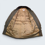 STOXX THRIFT & VINTAGE ICEBERG long brown coat with fur collar and gold satin lining, size XL.