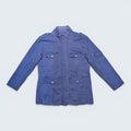 STOXX THRIFT & VINTAGE Kensie blue denim utility jacket with zip-up front, epaulettes, and multiple cargo pockets.