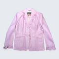 STOXX THRIFT & VINTAGE lavender leather blazer with ruffle trim on lapels and cuffs, two-button front closure.