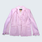 STOXX THRIFT & VINTAGE lavender leather blazer with ruffle trim on lapels and cuffs, two-button front closure.