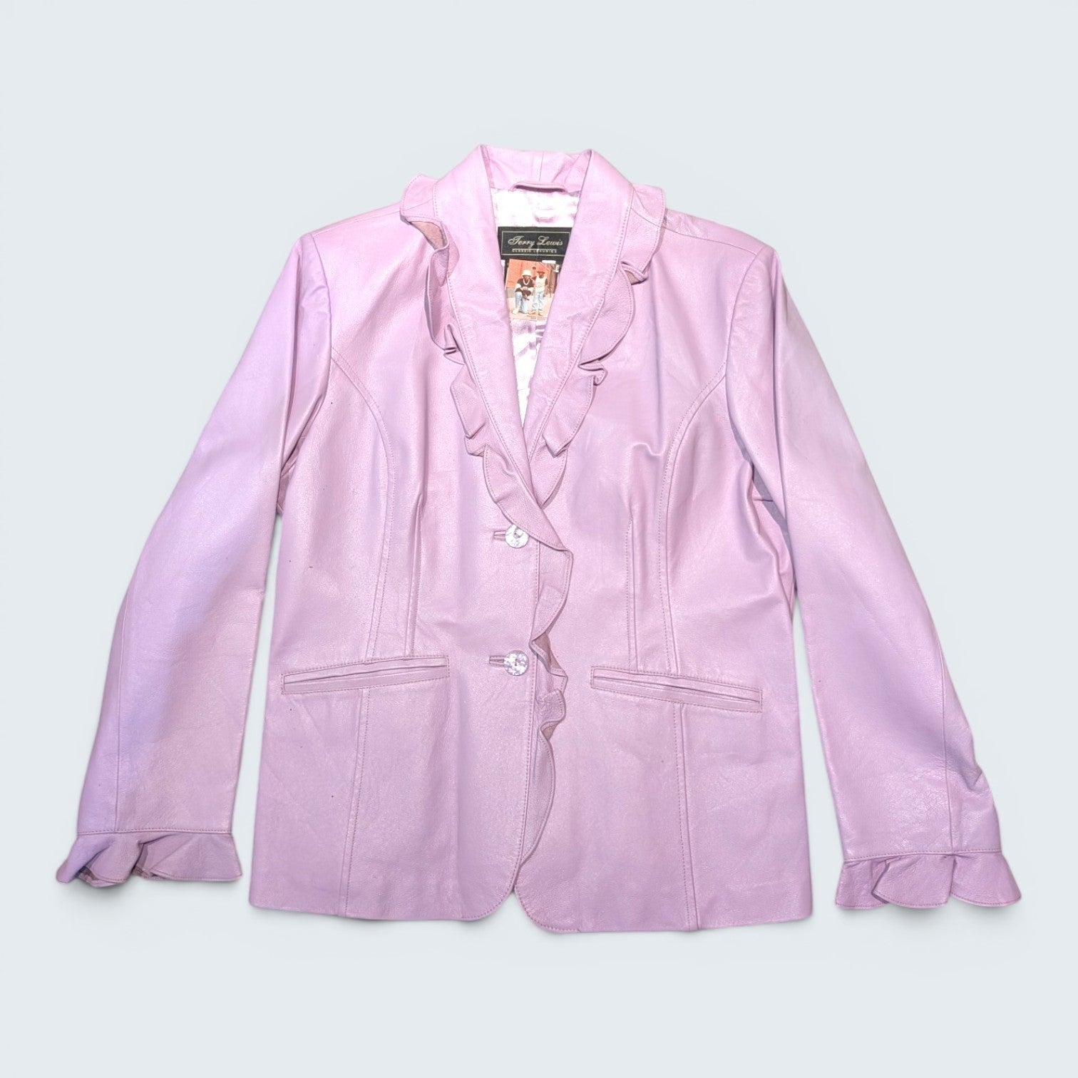 STOXX THRIFT & VINTAGE lavender leather blazer with ruffle trim on lapels and cuffs, two-button front closure.
