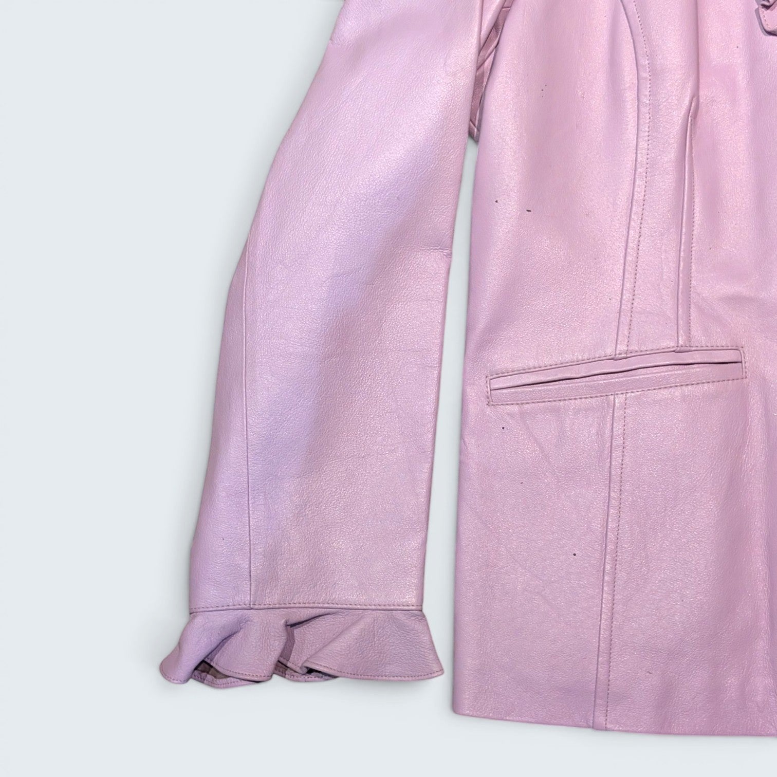 STOXX THRIFT & VINTAGE lavender leather blazer with ruffle cuff detail and tailored fit.