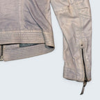 STOXX THRIFT & VINTAGE light grey leather biker jacket with ribbed hem and zippered sleeve cuffs.