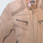 STOXX THRIFT & VINTAGE beige leather and suede biker jacket with zip pockets and a stand collar, size large.