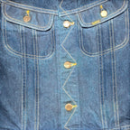 STOXX THRIFT & VINTAGE dark blue Lee denim jacket with gold contrast stitching and branded metal buttons.