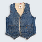 STOXX THRIFT & VINTAGE Levi's blue denim sherpa-lined vest with orange tab, button front, and two front pockets.