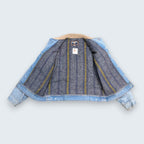 STOXX THRIFT & VINTAGE Levi's Stormrider denim jacket with light-wash cotton, corduroy collar, and striped lining.