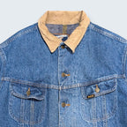 STOXX THRIFT & VINTAGE Levi's Stormrider denim jacket with tan corduroy collar and grey striped lining.