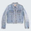 STOXX THRIFT & VINTAGE light wash GWG denim jacket with button-front closure, chest pockets, and vintage aesthetic.