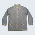 STOXX THRIFT & VINTAGE Tudor Court long blue denim jacket with button-front closure and front pockets.