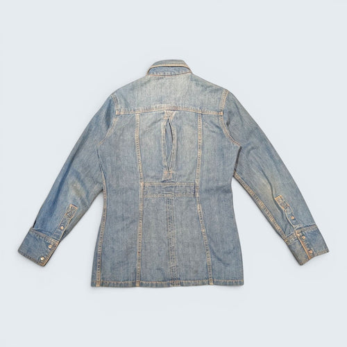 Back view of STOXX THRIFT & VINTAGE Britannia Sportswear light-wash denim jacket with a unique back vent detail.