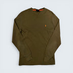 STOXX THRIFT & VINTAGE Polo Ralph Lauren olive waffle-knit thermal long sleeve shirt with orange embroidered pony logo