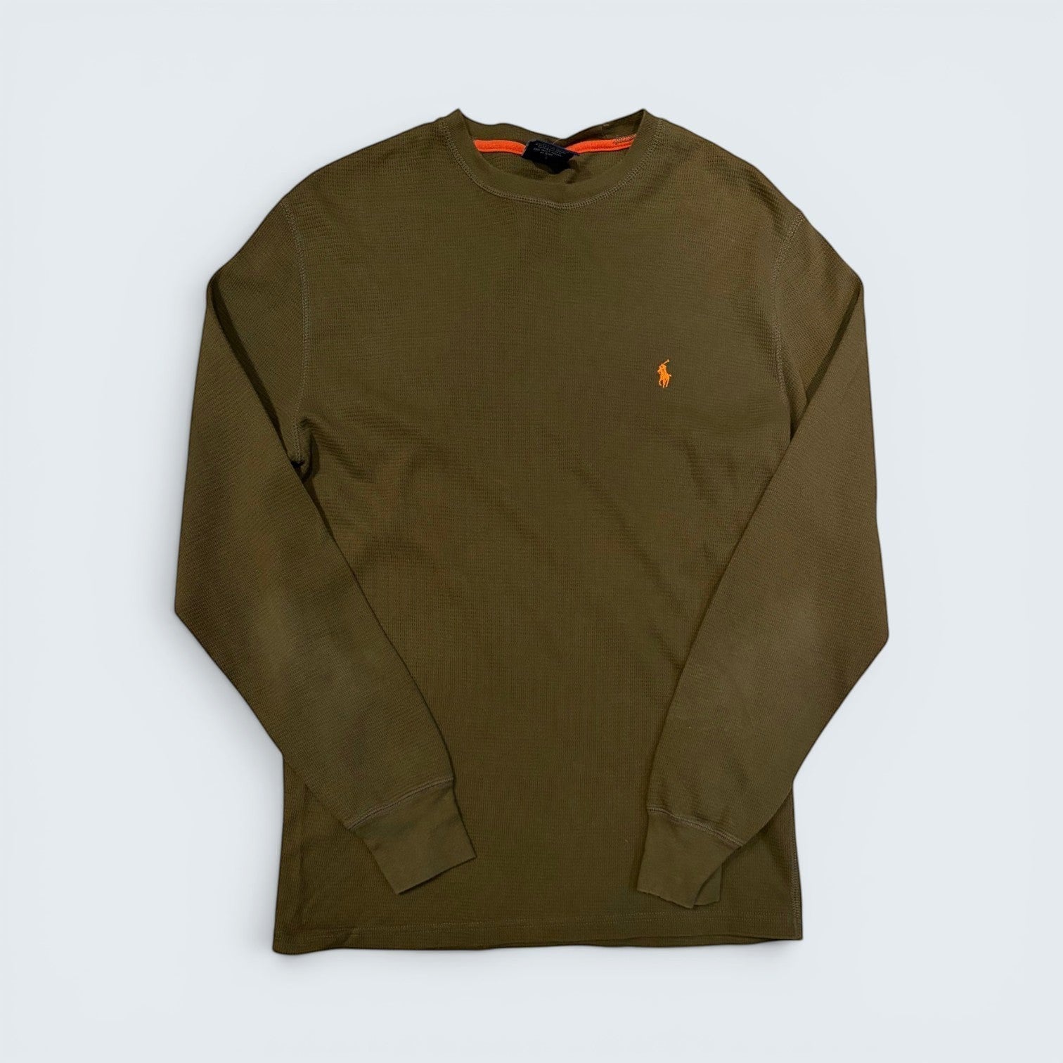 STOXX THRIFT & VINTAGE Polo Ralph Lauren olive waffle-knit thermal long sleeve shirt with orange embroidered pony logo