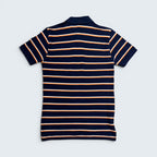 Back view of STOXX THRIFT & VINTAGE Polo by Ralph Lauren navy cotton piqué polo with white and orange horizontal stripes