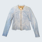 STOXX THRIFT & VINTAGE sky-blue Danier leather jacket with a collarless neckline and floral-print interior lining.