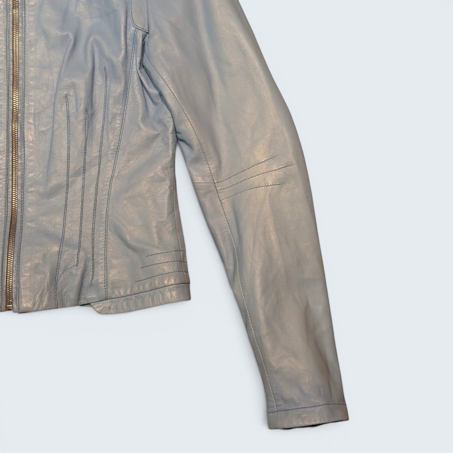STOXX THRIFT & VINTAGE sky-blue Danier leather jacket with structured paneling and silver-tone front zip closure.