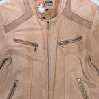 STOXX THRIFT & VINTAGE tan leather and suede biker jacket with zip pockets and a mandarin collar.
