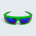 STOXX THRIFT & VINTAGE Verano sunglasses with neon green acetate shield frame and deep blue mirror lenses.