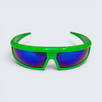 STOXX THRIFT & VINTAGE Verano sunglasses with neon green acetate shield frame and deep blue mirror lenses.