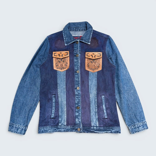 STOXX THRIFT & VINTAGE denim jacket with multi-tonal blue panels and hand-tooled floral leather chest pockets.