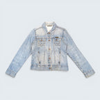 STOXX THRIFT & VINTAGE light wash Wrangler cropped denim jacket with button front and chest pockets.