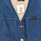 STOXX THRIFT & VINTAGE Wrangler denim vest with cream sherpa lining, featuring branded copper buttons and logo tag.