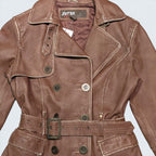 STOXX THRIFT & VINTAGE brown XNTRIK Sports leather blazer with a belted waist, double-breasted buttons, and lapels.