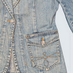 STOXX THRIFT & VINTAGE Together denim blazer with light wash, rhinestone buttons, and decorative pocket stitching.