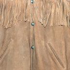 STOXX THRIFT & VINTAGE brown suede Harley Davidson leather fringe jacket with metal buttons and front pockets.