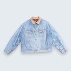 STOXX THRIFT & VINTAGE Levi's Stormrider light-wash denim jacket with tan corduroy collar and striped lining.