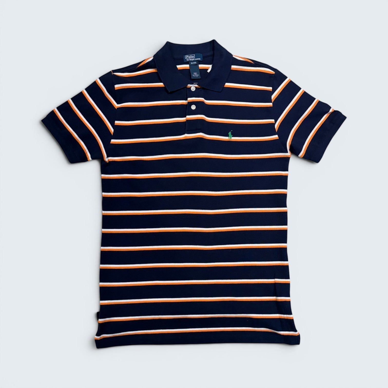 STOXX THRIFT & VINTAGE navy cotton piqué polo with white and orange stripes and green embroidered pony logo, size XL